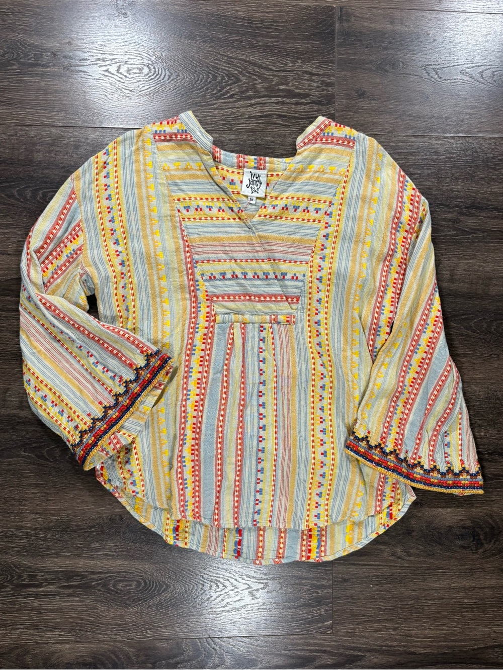 Ivy Jane Striped Peasant Top with Geometric Embroidery Size Small 100% Cotton